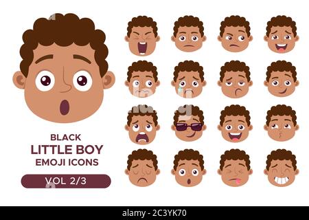 Boy facial emotion avatar set. Black little boy emoji character with different expressions. Vector illustration in cartoon style. Set 2 of 3. Stock Vector