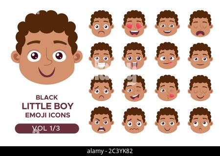 Boy facial emotion avatar set. Black little boy emoji character with different expressions. Vector illustration in cartoon style. Set 1 of 3. Stock Vector