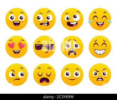 Emoticons icons set. Classic yellow emojis isolated on white background. Cute and funny collection. Set 1 of 5. Stock Vector