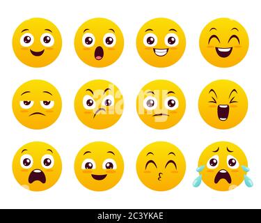 Emoticons icons set. Classic yellow emojis isolated on white background. Cute and funny collection. Set 3 of 5. Stock Vector