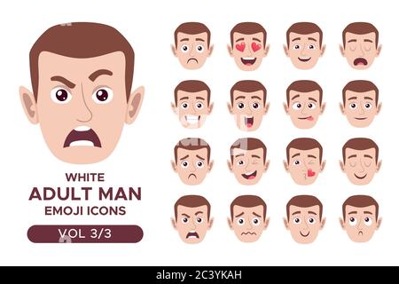 Male facial emotion avatar set. White adult man emoji character with different expressions. Vector illustration in cartoon style. Set 3 of 3. Stock Vector