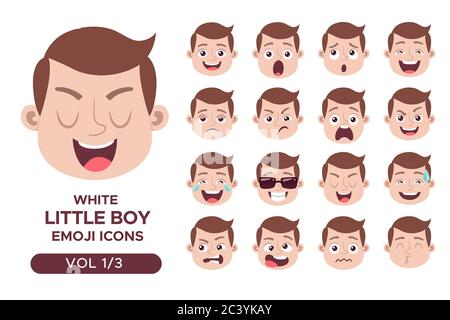 Boy facial emotion avatar set. White little boy emoji character with different expressions. Vector illustration in cartoon style. Set 1 of 3. Stock Vector