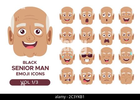 Male facial emotion avatar set. White senior man emoji character with different expressions. Vector illustration in cartoon style. Set 1 of 3. Stock Vector