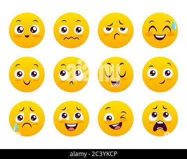 Emoticons icons set. Classic yellow emojis isolated on white background. Cute and funny collection. Set 2 of 5. Stock Vector