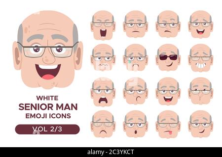 Male facial emotion avatar set. White senior man emoji character with different expressions. Vector illustration in cartoon style. Set 2 of 3. Stock Vector