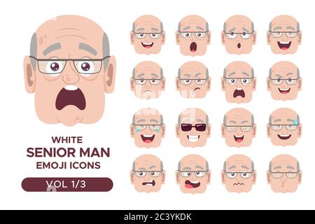 Male facial emotion avatar set. White senior man emoji character with different expressions. Vector illustration in cartoon style. Set 1 of 3. Stock Vector
