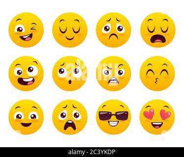 Emoticons icons set. Classic yellow emojis isolated on white background. Cute and funny collection. Set 5 of 5. Stock Vector