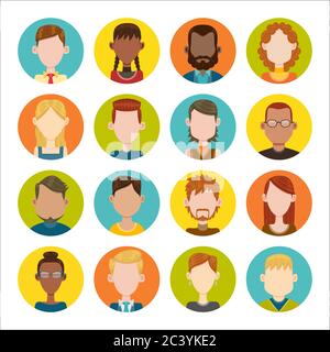 People avatar set. Colorful round icons with male and female avatars. Flat design. Different hairstyles, face shapes, skin color and clothing. Set 1 o Stock Vector