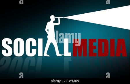 Social media concept with business man looking through telescope, 3d rendering Stock Photo