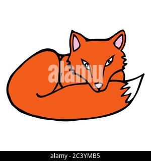 Hand drawn colorful fox. Cartoon color fox outline doodle style. Vector illustration isolated on white background. Decoration for greeting cards Stock Vector
