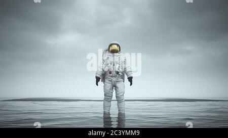 Mysterious Astronaut with Gold Visor Standing in Water with Black Sand 3d illustration 3d render Stock Photo