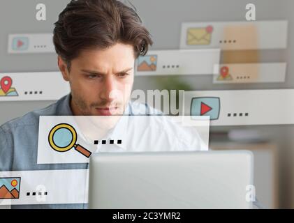 Man Using Laptop Browsing Internet Working Sitting In Office, Collage Stock Photo