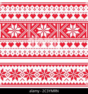 Scottish Fair Isle style traditional knitwear vector two seamless patterns, retro Shtelands knit repetitive designs with snowflakes and hearts Stock Vector