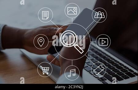 Businessman Browsing Internet On Phone Searching Information Indoors, Collage, Closeup Stock Photo