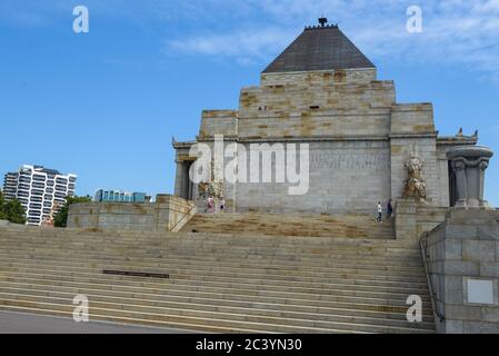 View of the Shrine of Remembrance with people and tourists in Melbourne Victoria Australia. It was built to honour the men  served in World War I Stock Photo