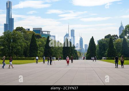 View of the Shrine of Remembrance with people and tourists in Melbourne Victoria Australia. It was built to honour the men  served in World War I Stock Photo