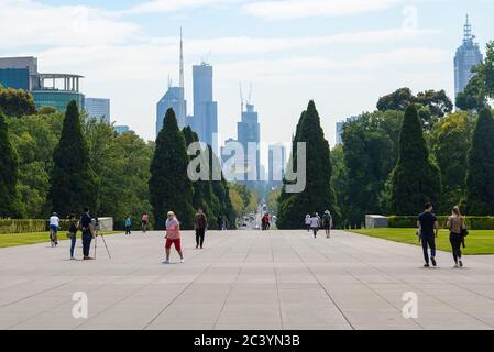 View of the Shrine of Remembrance with people and tourists in Melbourne Victoria Australia. It was built to honour the men  served in World War I Stock Photo