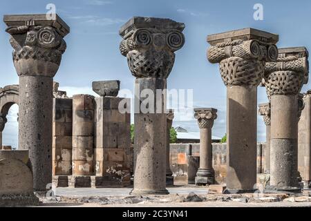 Partially reconstructed 'Armenian Ionic' capital on top of one of the columns, Zvartnots Cathedral Columns, Armenian Apostolic Orthodox Church, Yereva Stock Photo