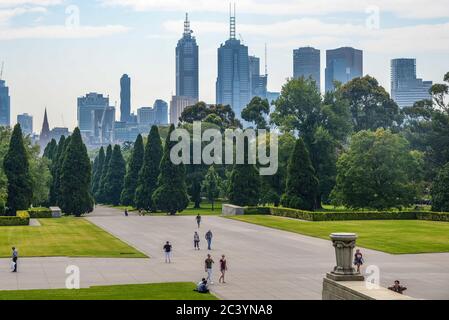 View of the Shrine of Remembrance with people and tourists in Melbourne Victoria Australia. It was built to honour the men  served in World War I Stock Photo