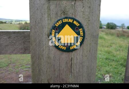 Yellow Arrow Pointer/Waymarker Disc on a Wooden Gate Post on the East Colne Way in Colne, Pendle, Lancashire, England, UK, Stock Photo