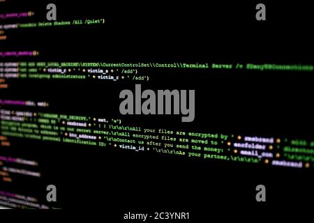 Ransomware source code. Malicious script source code that encrypts files on the victim's pc. Code lines of important software for cybersecurity