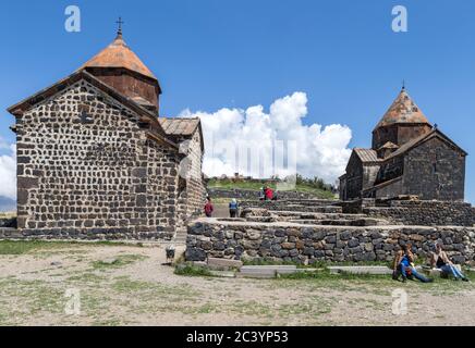 Surp Arakelots meaning the 'Holy Apostles' (R) and Surp Astvatsatsin meaning the 'Holy Mother of God' aka Precursor Church (L), The Monastery of Sevan Stock Photo