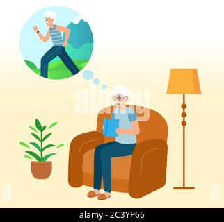Grandfather is sitting at home on the couch, reading a book. Dreams of training and a healthy body. Concept healthy lifestyle. Vector illustration in Stock Vector
