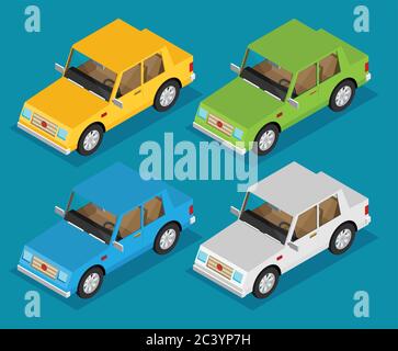 Flat car isometric vector set Stock Vector