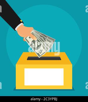 Hand putting money in to the donation box. Flat vector illustration. Stock Vector