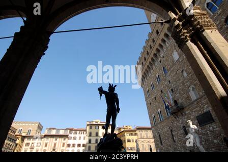 in the Loggia dei Lanzi in Piazza della Signoria there is a bronze sculpture by Benvenuto Cellini which depicts Perseus with the head of Medusa. Stock Photo