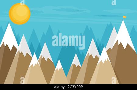 Vector flat flag on mountain. Success illustration. Goal achievement. Business concept. Stock Vector