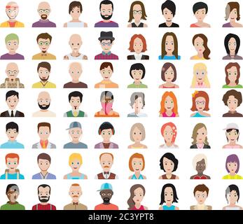 Set of people icons in flat style with faces. Vector women, men character Stock Vector