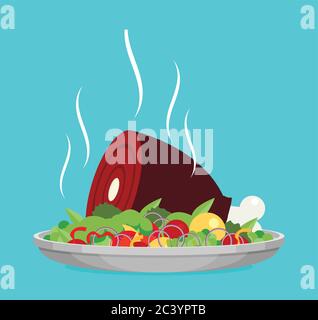 Vector flat illustration with hot cooked meat. Stock Vector