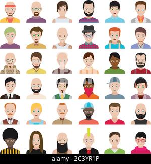 Set of people icons in flat style with faces. Vector men character Stock Vector