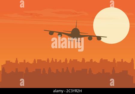 Vector illustration with plane taking off at sunset. Stock Vector