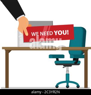 Hand holding a piece of paper with text We Need You, vector illustration Stock Vector