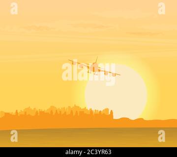 Vector illustration with plane taking off at sunset. Stock Vector