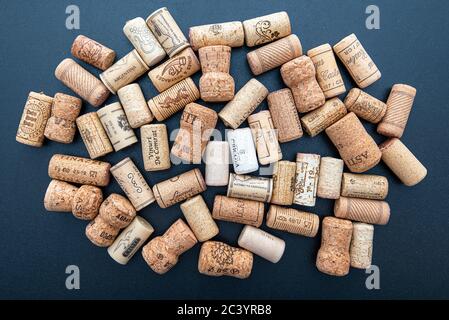 BERLIN - JUN 23: Collection of wine corks on black background in Berlin on June 23. 2020 in Germany Stock Photo