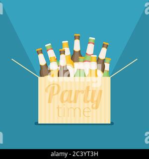 Party time. Box with beer flat vector. Stock Vector