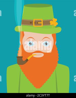 flat design icon on Saint Patrick's Day character leprechaun with green hat, red beard, smoking pipe Stock Vector