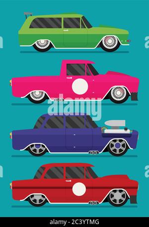 Vector Hotrod flat. Old school race car set Stock Vector