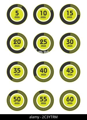 Set of timers. Sign icon. Full rotation arrow timer. Colored flat icons. Flat Design Vector Illustration. Stock Vector