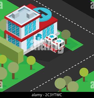Isometric hospital and ambulance building with parking and 3d cars. Vector illustration in flat style. Stock Vector