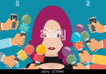 vector live report concept, live news, hands of journalists with microphones and tape recorders. Stock Vector