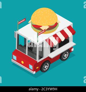 Isometric Illustration of food truck in flat style Stock Vector