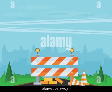 Website improvement under construction flat icon with traffic barrier and cone vector illustration Stock Vector