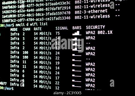 Scanning wifi networks available with security level and signal strength. Analysis of wifi networks from terminal connected by ssh protocol Stock Photo