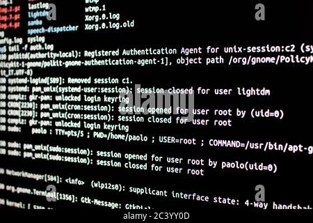Analysis of authentication log files in an operating system. Ssh connection through a terminal to test intrusion in an operating system Stock Photo