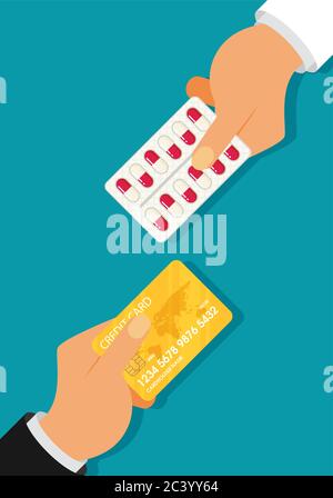 Buying medical pills in blister pack. Hand giving card for medicine. Flat design Stock Vector