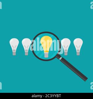Vector concept in flat stye - searching for idea - lightbulbs and hand with magnifier Stock Vector